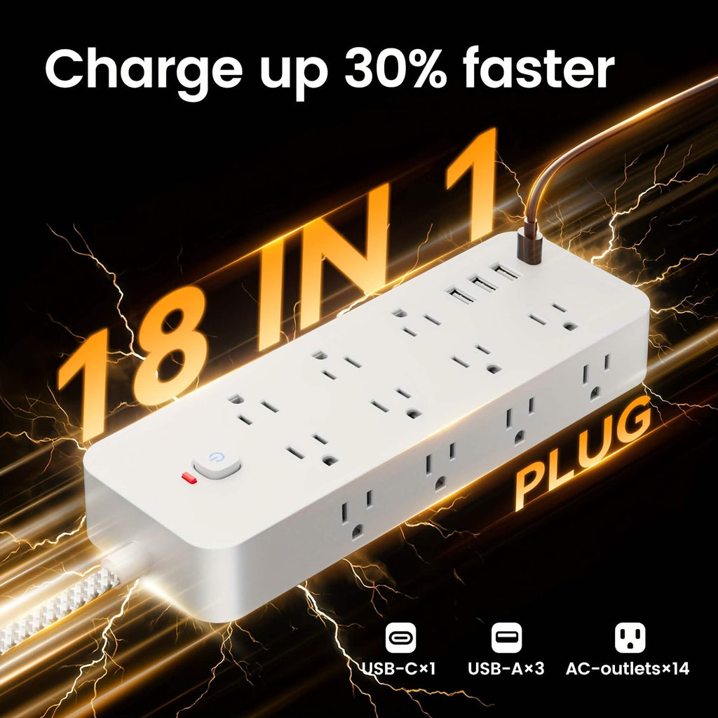 18-Outlet Power Strip with USB & Type-C – Surge Protection
