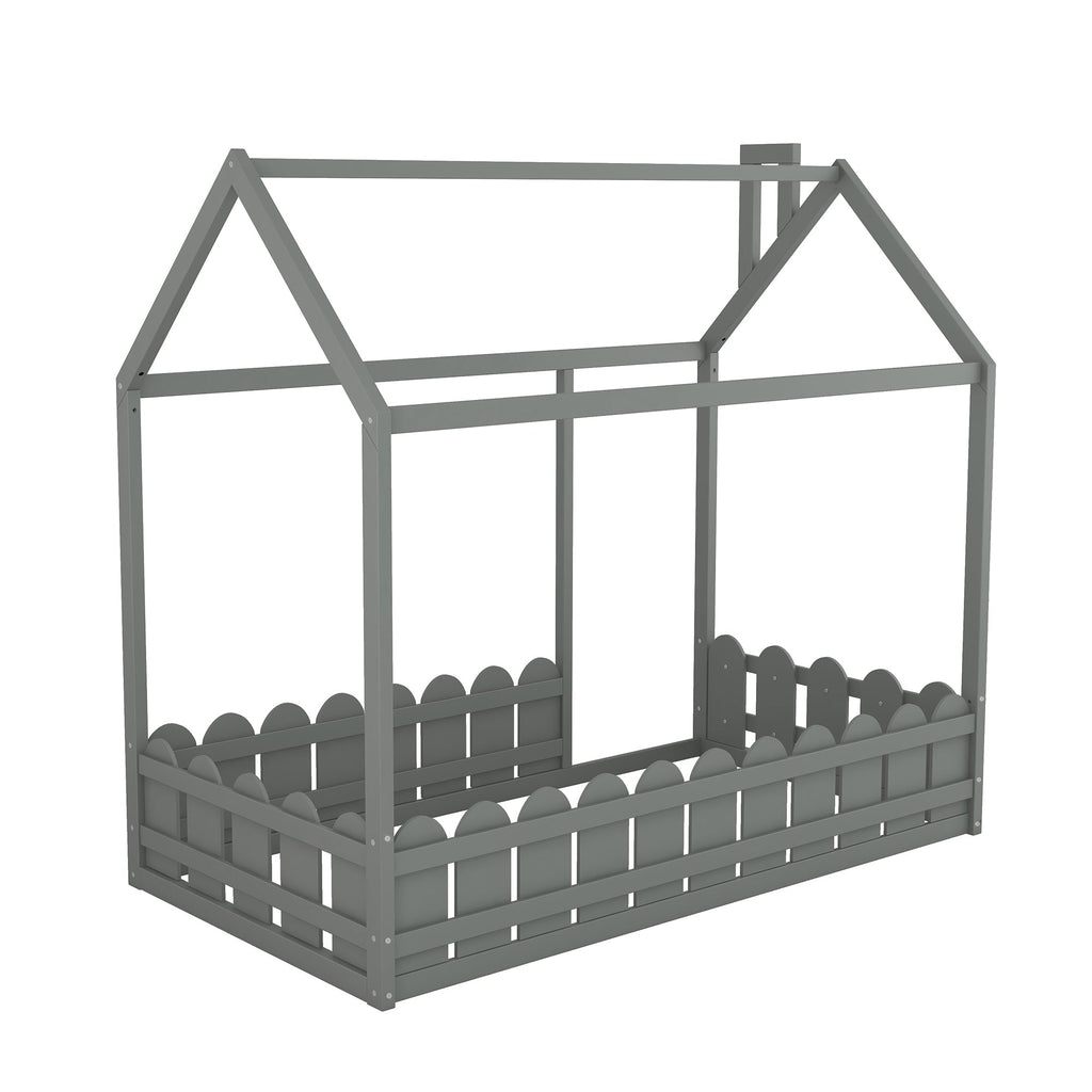 {Slats are not included}Twin Size Wood Bed House Bed Frame with Fence for Kids Teens Girls Boys {Gray}