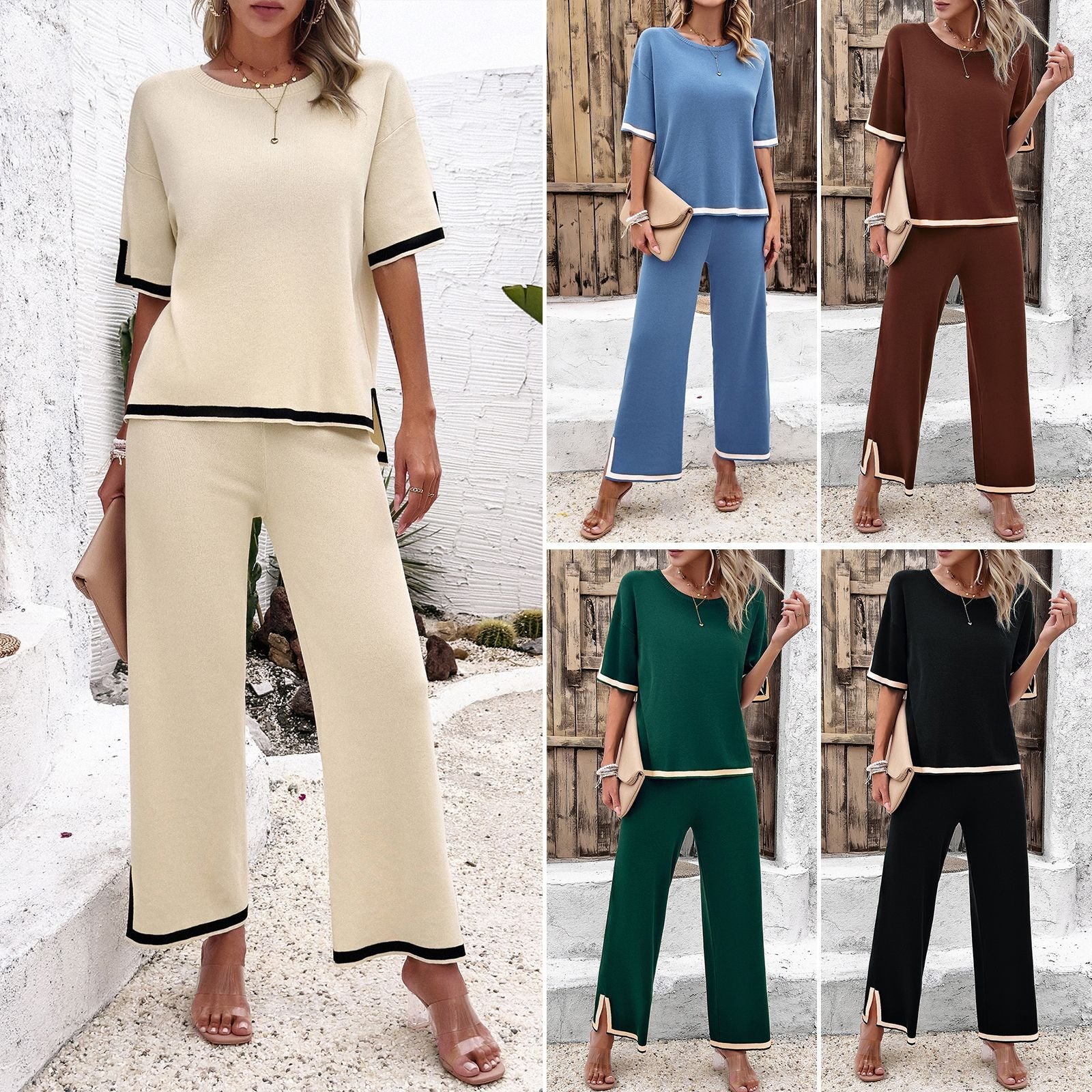 Fashion women's spring and summer temperament casual short sleeved knitted suit