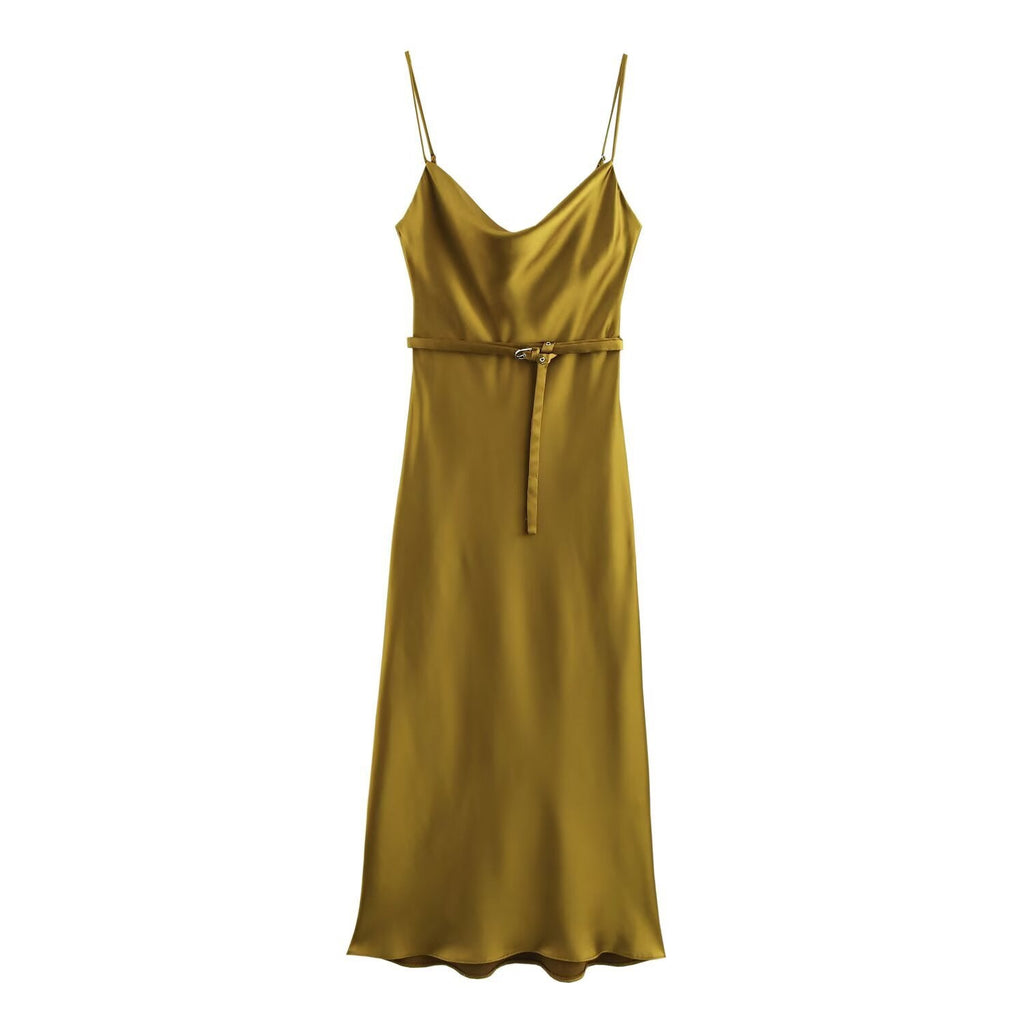 Spring European and American New Fashion Belt Silk Texture Dress