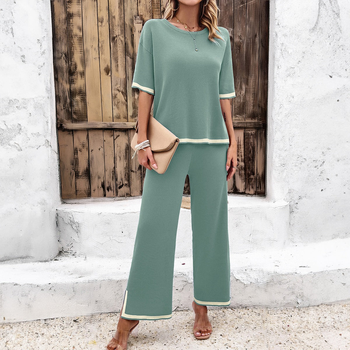 Fashion women's spring and summer temperament casual short sleeved knitted suit