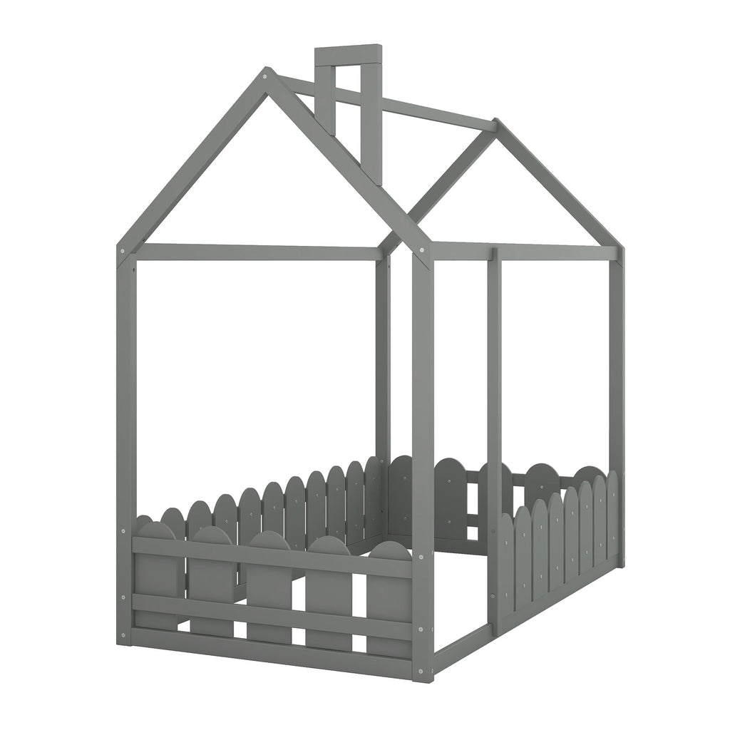 {Slats are not included}Twin Size Wood Bed House Bed Frame with Fence for Kids Teens Girls Boys {Gray}