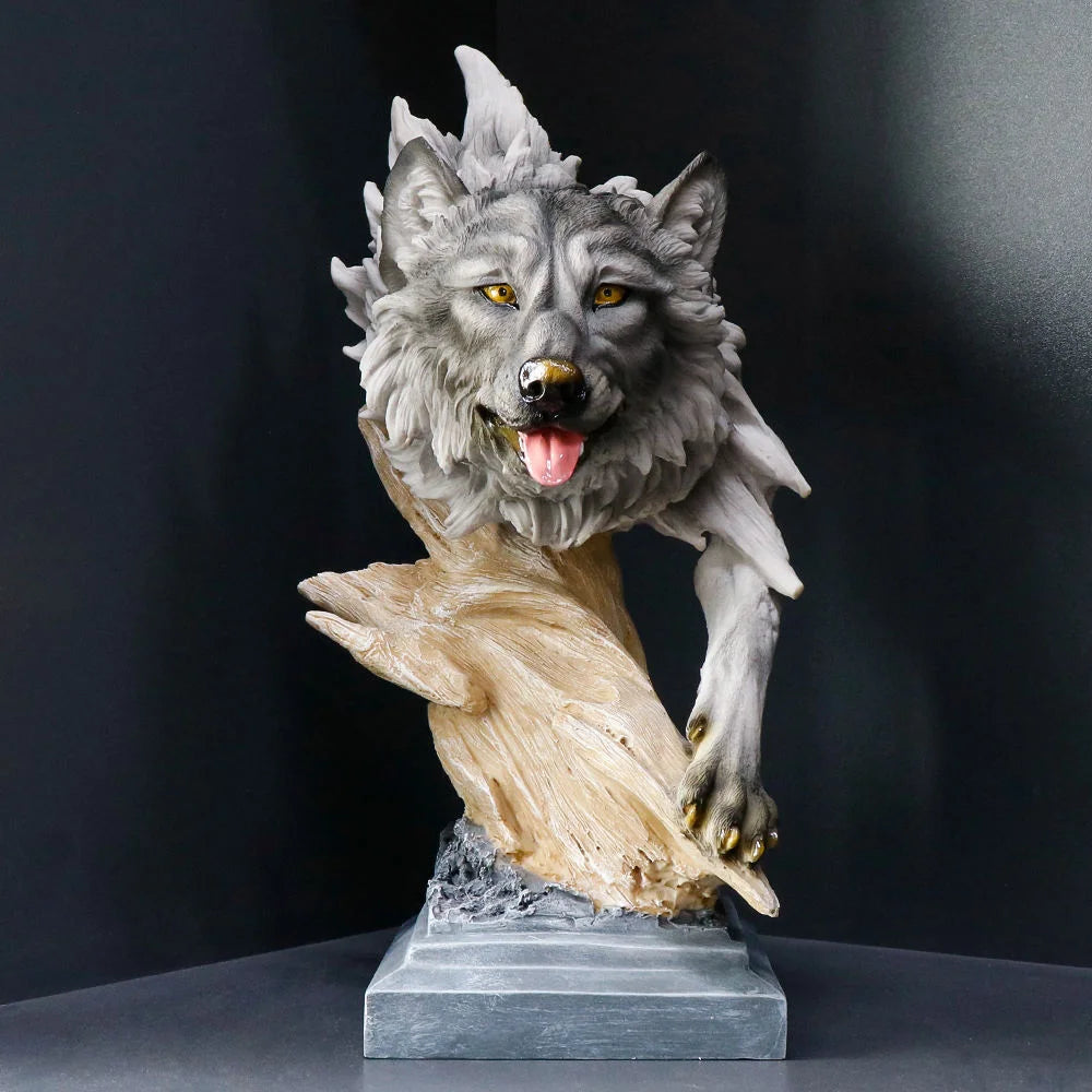 Resin Wolf-Shaped Tree Stump Base Statue Hand-Painted Artistic Carving Gray-Brown Color Christmas Holiday Home Decor Living Room