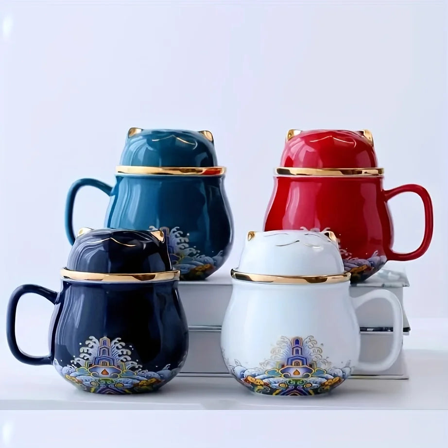 Ceramic Cat Cup with Lid, Reusable Insulated Floral Design, Machine Washable, Ideal for Travel, Perfect for Home or Office