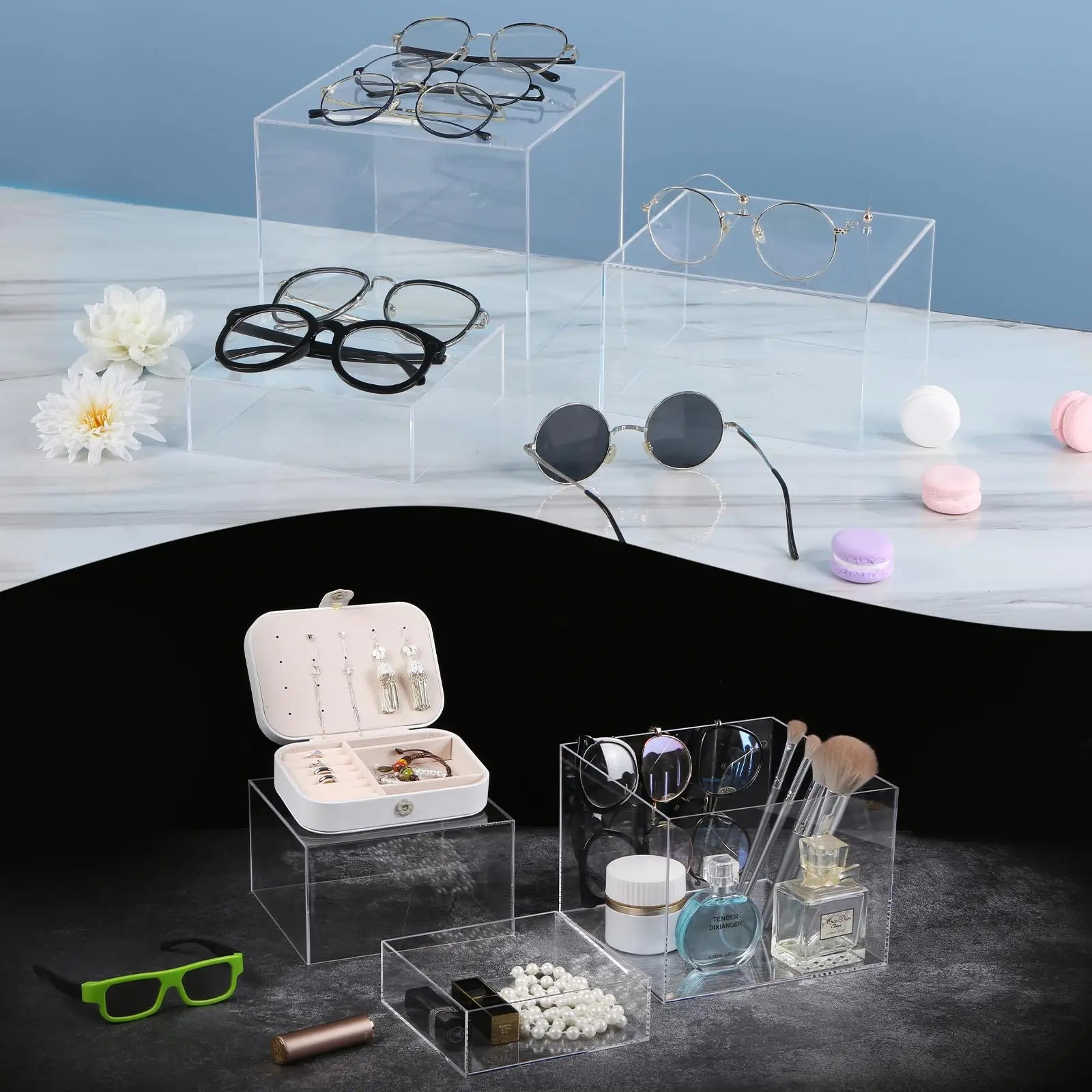Clear Acrylic Cubes Display Box 3-Piece Stackable  Crystal Buffet Food Stands Party Neon Nesting Riser for Home Decor.