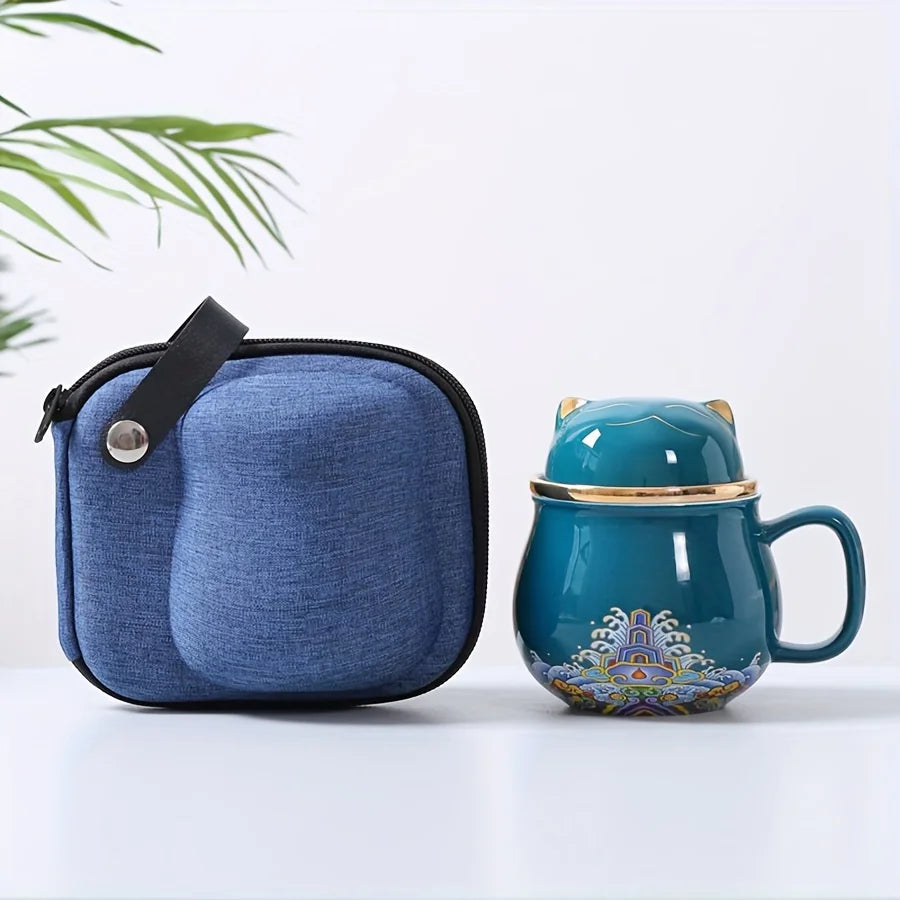 Ceramic Cat Cup with Lid, Reusable Insulated Floral Design, Machine Washable, Ideal for Travel, Perfect for Home or Office