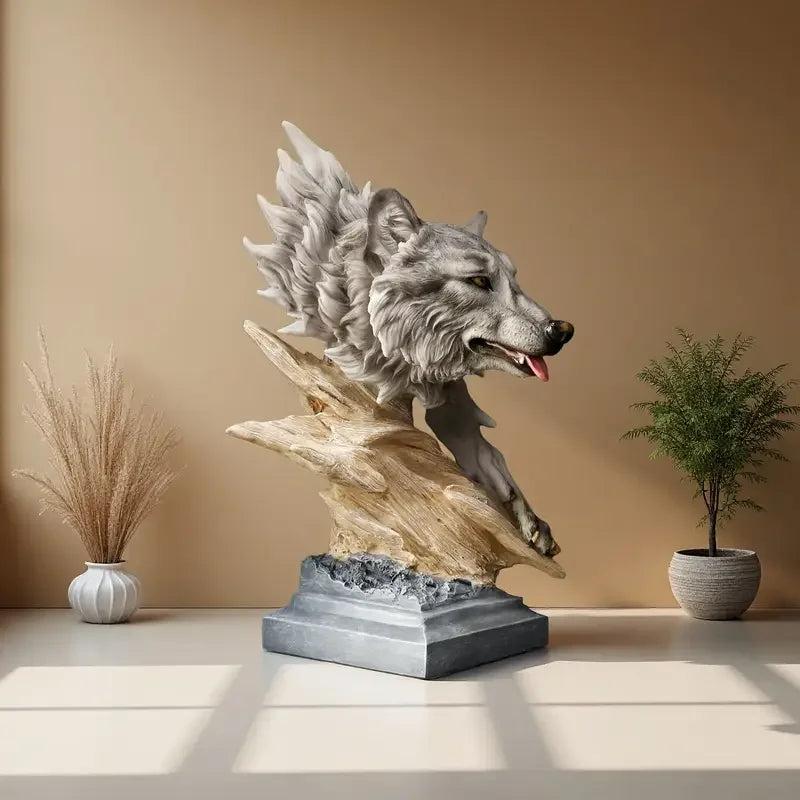 Resin Wolf-Shaped Tree Stump Base Statue Hand-Painted Artistic Carving Gray-Brown Color Christmas Holiday Home Decor Living Room