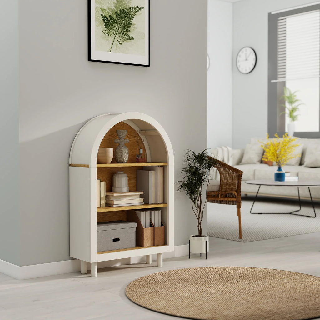 Arched Small Bookcase Storage Cabinet Modern Engineered Wood 3-Tier Bookshelf White Woodgrain Shelves Home Furniture