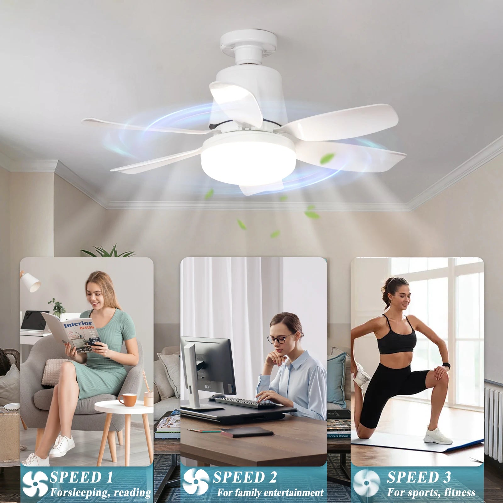 Ceiling Led Fan Light Moving Head Intelligent Dimming E27 Fan Bulb Home Decor 360 Rotating Remote Control Modern Ceiling Fan