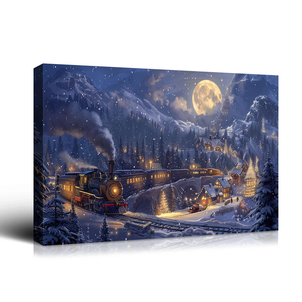 Christmas Gift Christmas Train Fantasy Canvas Wall Art - Snowy Mountain, Moon & Sleigh Scene, Perfect for Home Christmas Decor