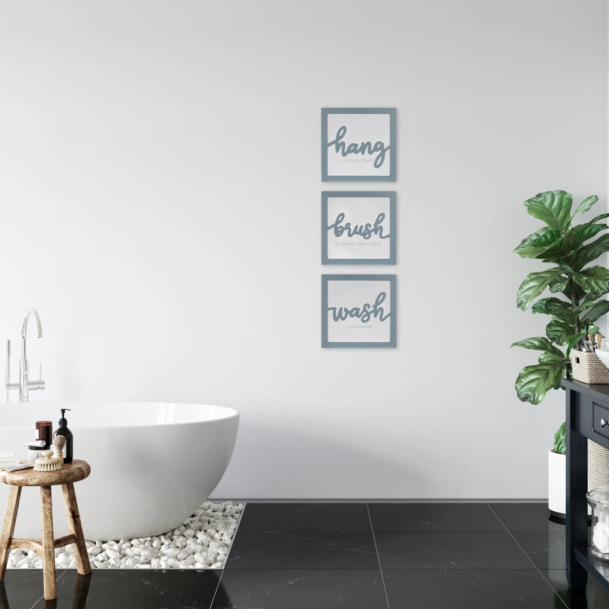 HMS Set of 3 Blue Hang Brush Wash Framed Wall Art for Home Decor