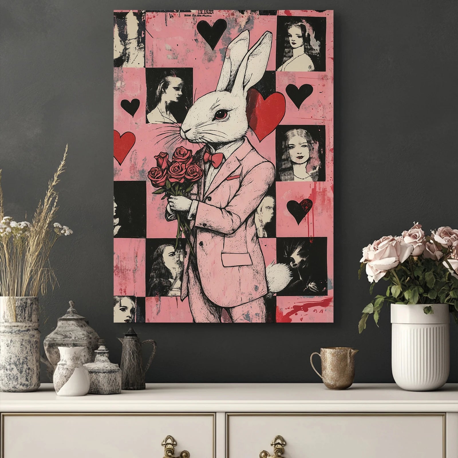 Cute White Brown Rabbit Canvas Wall Art-Easter Home Decoration Digital Printed Animal Paintings Murals Landscape for Indoor Use
