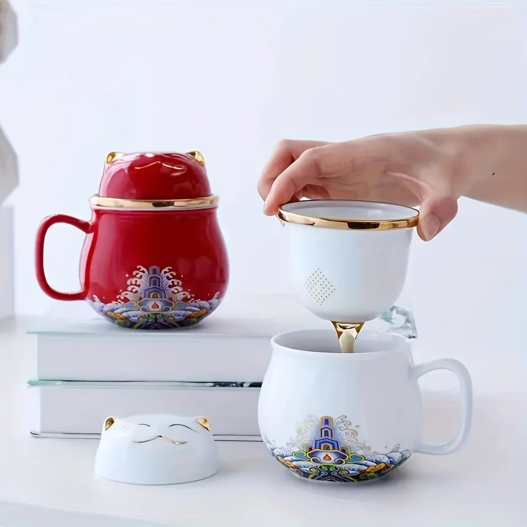 Ceramic Cat Cup with Lid, Reusable Insulated Floral Design, Machine Washable, Ideal for Travel, Perfect for Home or Office
