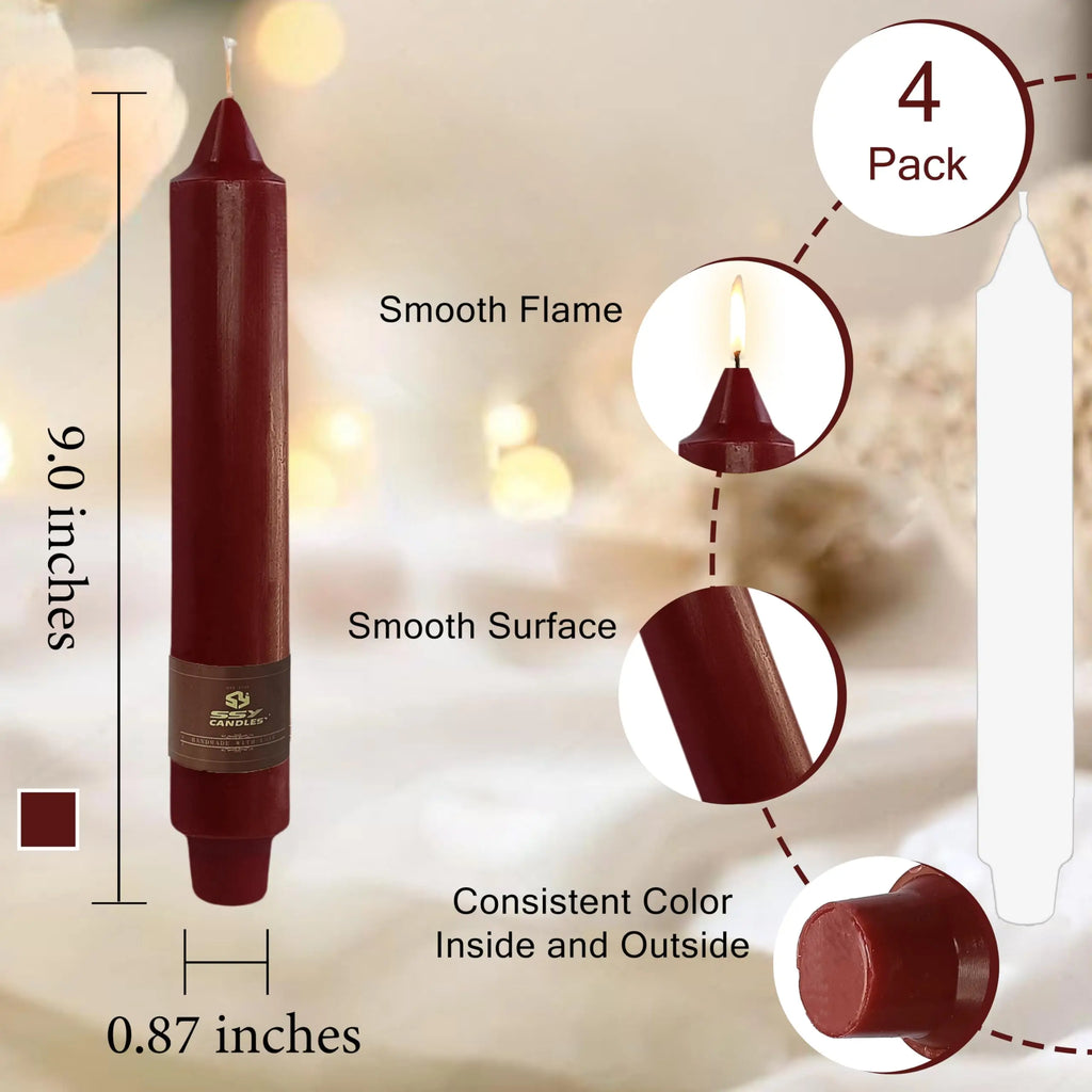 9 Inch Pillar Candle Candlesticks Unscented Dripless Red Tapered Candle Set for Halloween Thanksgiving Home Decor, 4 Pack