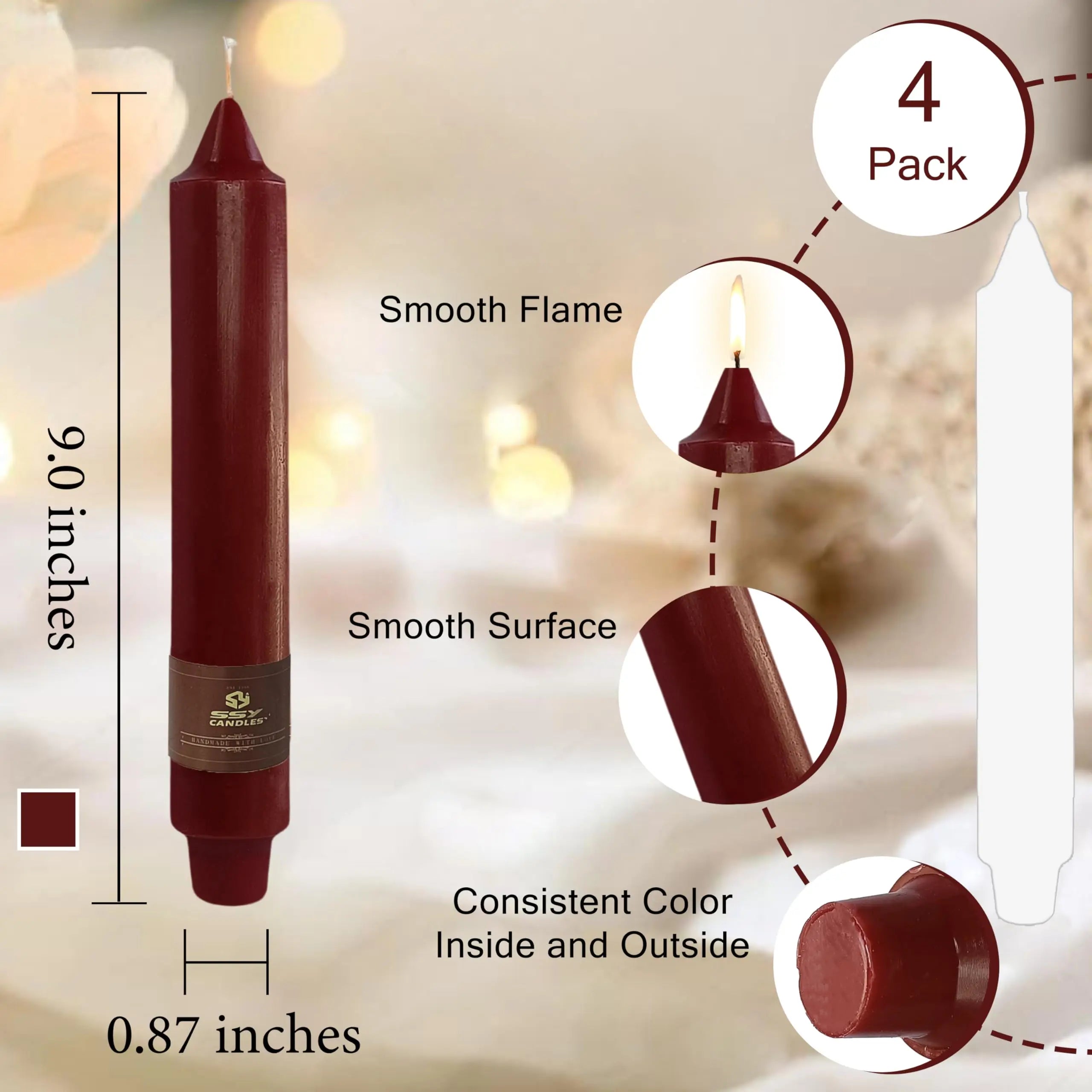 9 Inch Pillar Candle Candlesticks Unscented Dripless Red Tapered Candle Set for Halloween Thanksgiving Home Decor, 4 Pack