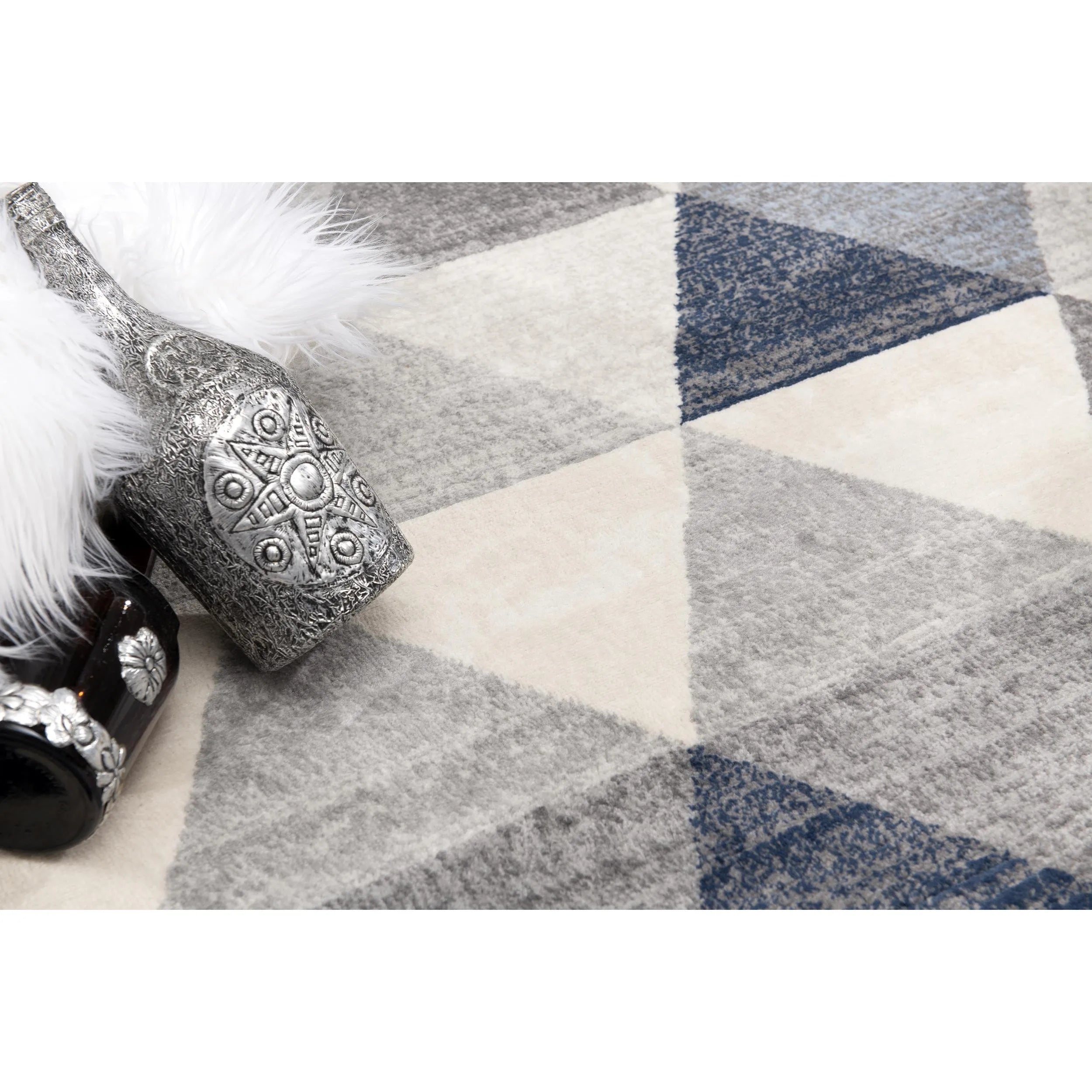 HMS Modern 16' Geometric Runner Rug Blue Beige Gray Wool Jute Carpet Handmade Tufted Woven Anti-Slip for Home Prayer Washable