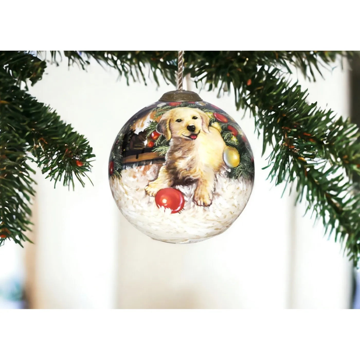 Customizable Size Hand Painted and Mouth Blown Glass Ornament HMS Puppy Under the Christmas Tree for Home Decorations