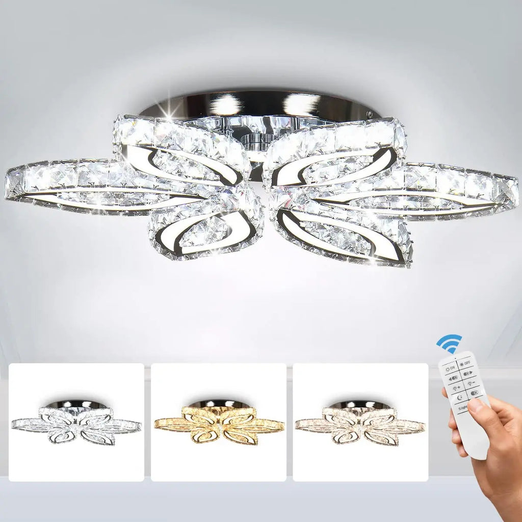 Modern K9 Crystal LED Ceiling Light Flower Design Remote Control Semi-Flush Mount for Home Office Bedroom for Middle-Sized Rooms