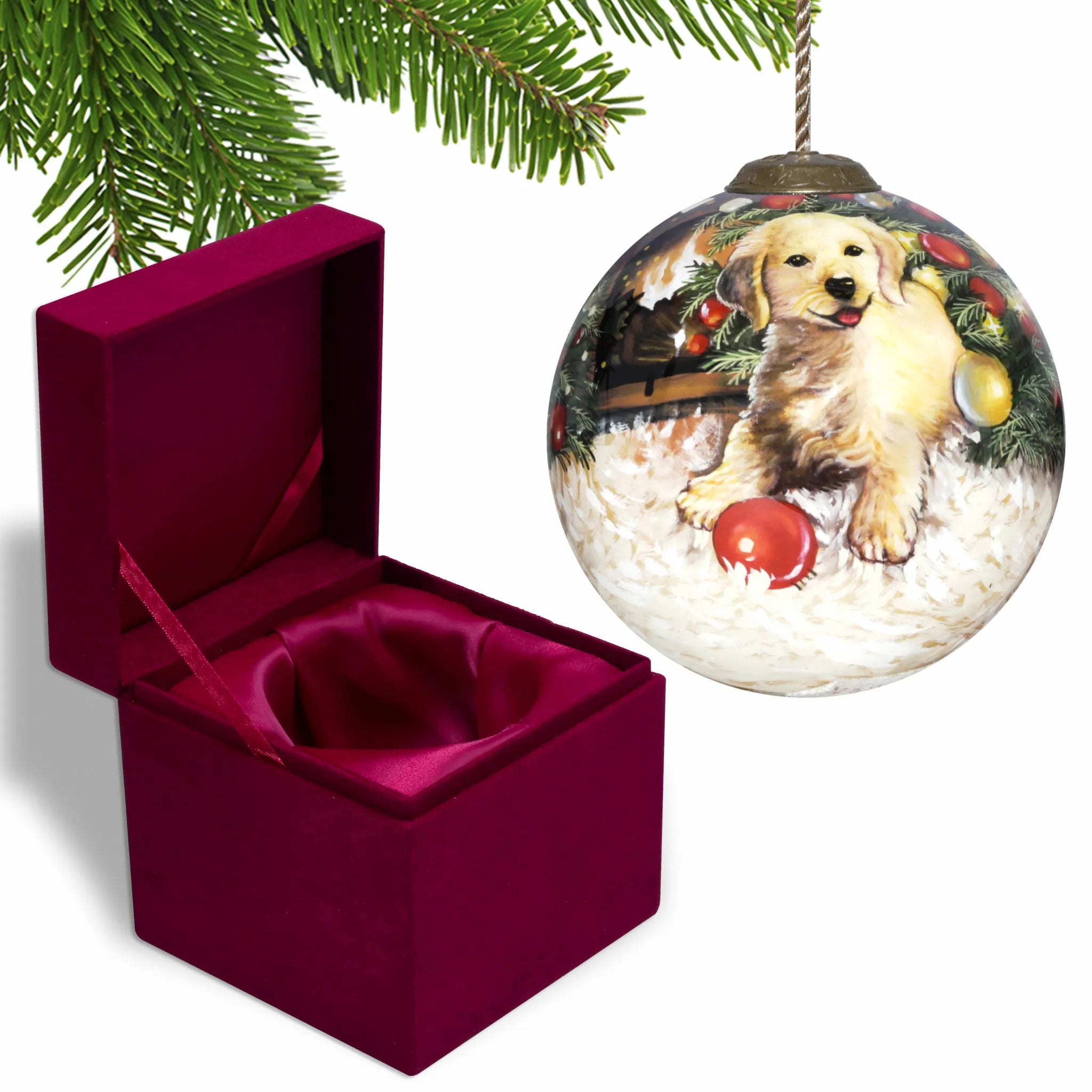 Customizable Size Hand Painted and Mouth Blown Glass Ornament HMS Puppy Under the Christmas Tree for Home Decorations
