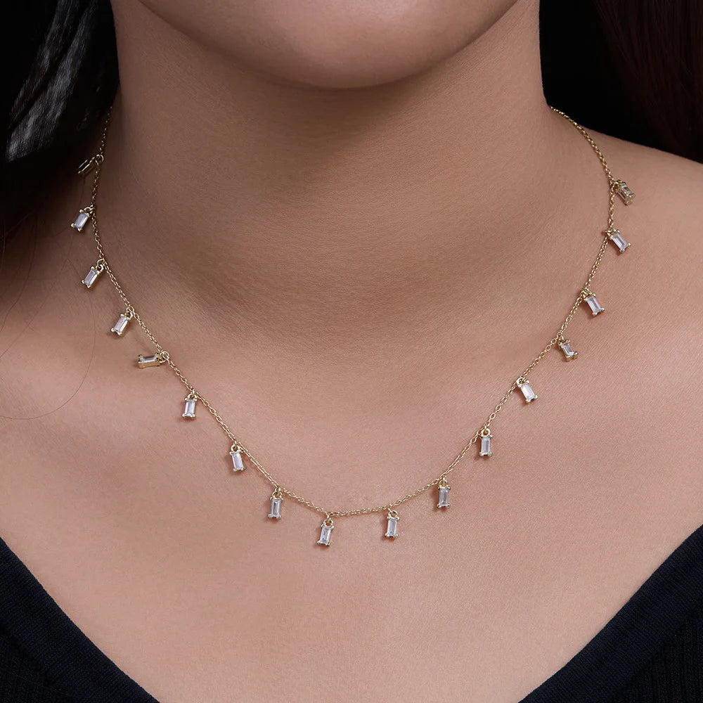 LN0620 UTOP 925 Sterling Silver Gold Rectangle Shape Zirconia Necklace for Women