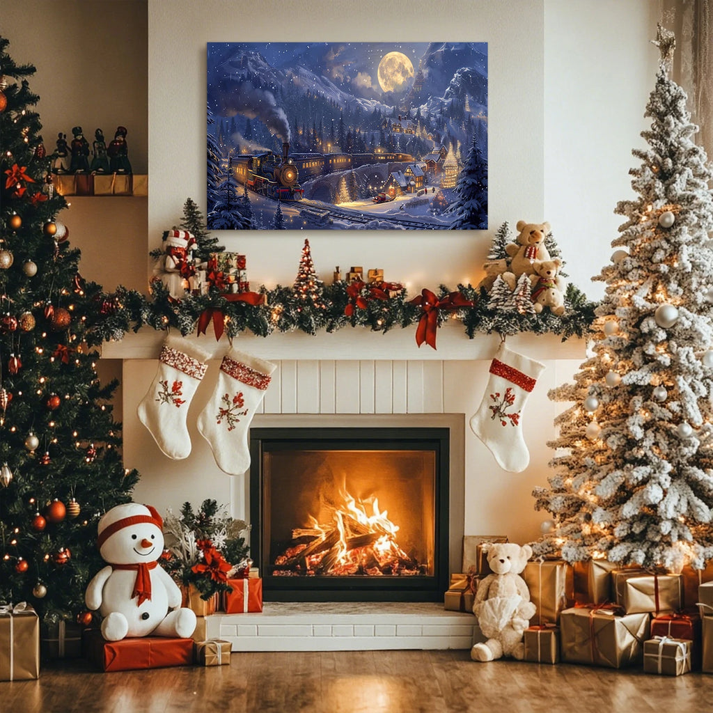 Christmas Gift Christmas Train Fantasy Canvas Wall Art - Snowy Mountain, Moon & Sleigh Scene, Perfect for Home Christmas Decor