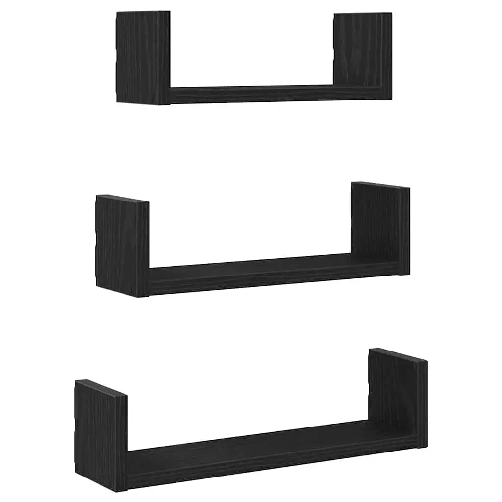 W2B VidaXL Single Wall Shelves 3-Piece Set Black Oak Engineered Wood for Home Storage Solution Bathroom Kitchen Floating Shelf