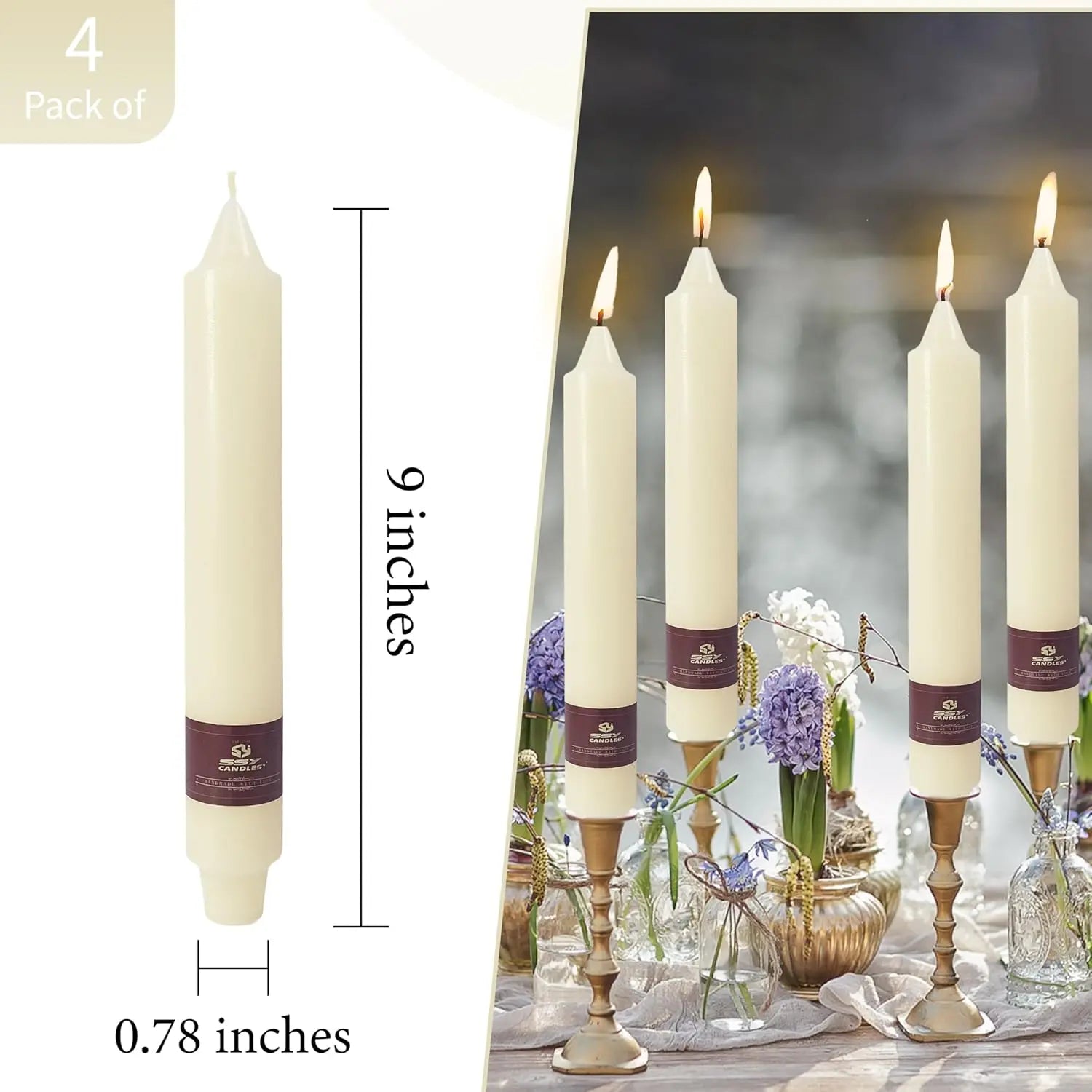 Ivory Taper Candles 9 Inch 4 Pack Fat Candle Taper Candles Smokeless Unscented Tall Candlesticks Home Decor Weddings