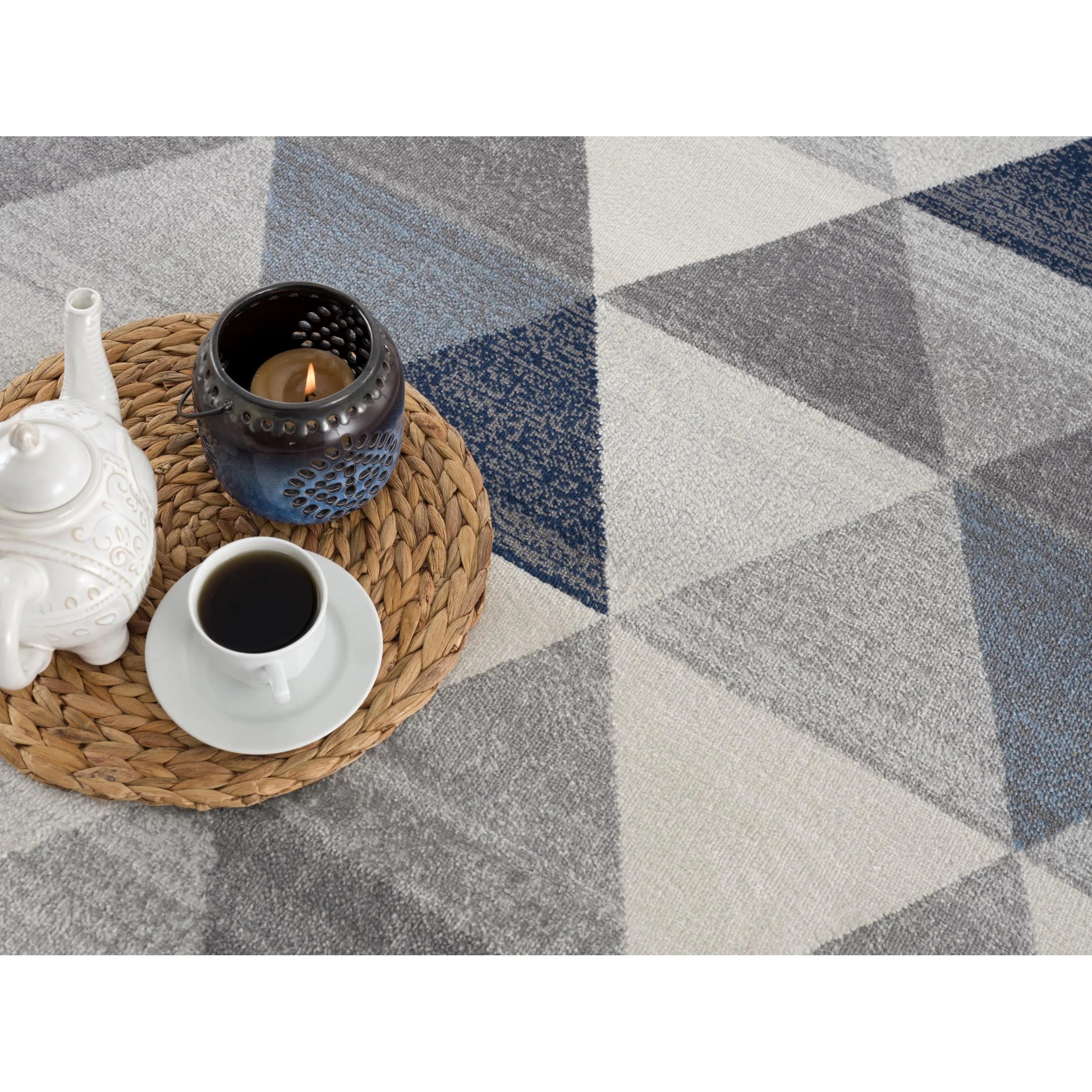 HMS Modern 16' Geometric Runner Rug Blue Beige Gray Wool Jute Carpet Handmade Tufted Woven Anti-Slip for Home Prayer Washable