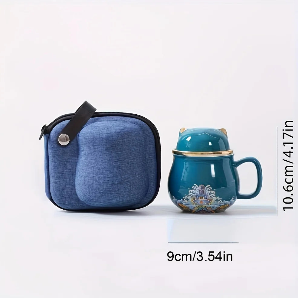Ceramic Cat Cup with Lid, Reusable Insulated Floral Design, Machine Washable, Ideal for Travel, Perfect for Home or Office