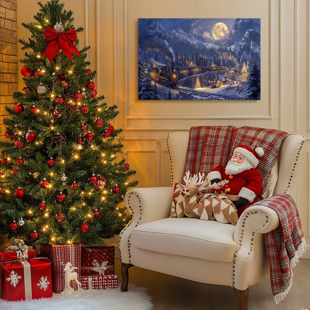 Christmas Gift Christmas Train Fantasy Canvas Wall Art - Snowy Mountain, Moon & Sleigh Scene, Perfect for Home Christmas Decor