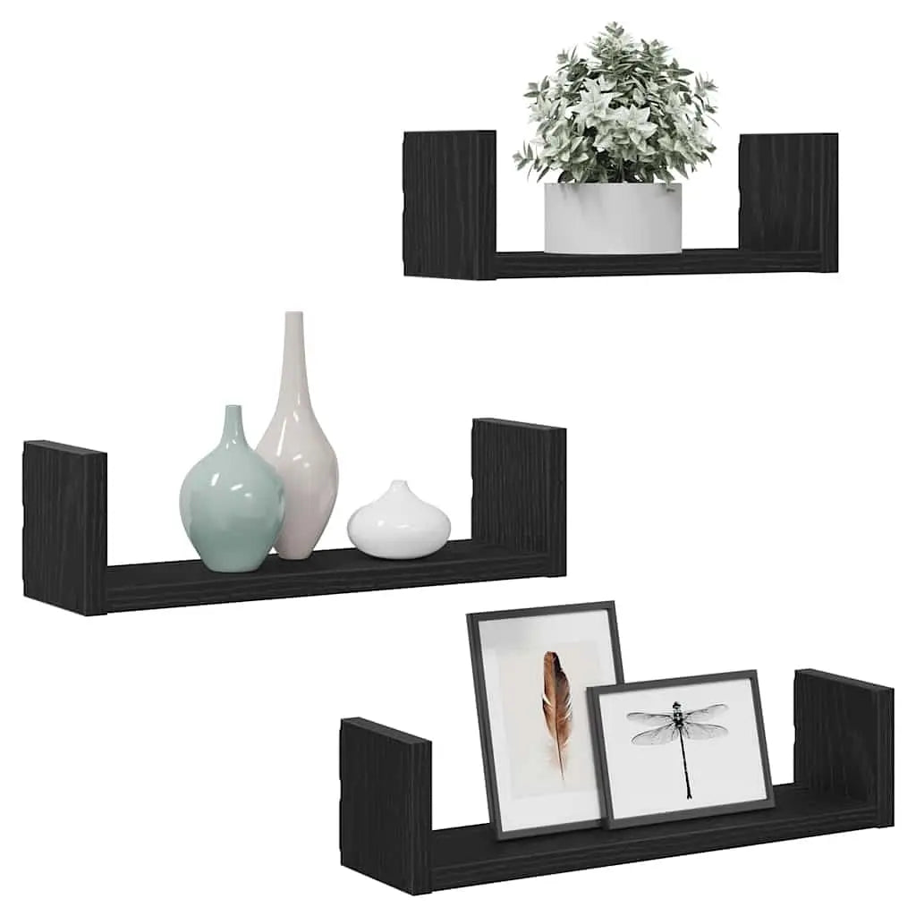 W2B VidaXL Single Wall Shelves 3-Piece Set Black Oak Engineered Wood for Home Storage Solution Bathroom Kitchen Floating Shelf