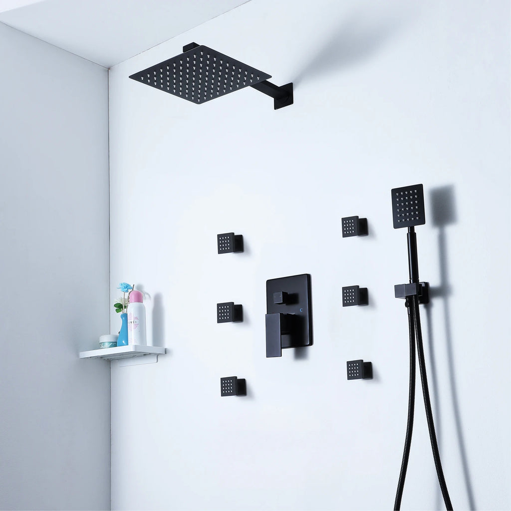 Black Wall Mounted Rainfall Concealed Shower System Bathroom Rain Mixer Showers Combo Set