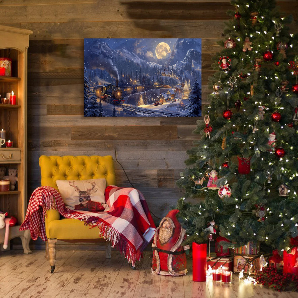 Christmas Gift Christmas Train Fantasy Canvas Wall Art - Snowy Mountain, Moon & Sleigh Scene, Perfect for Home Christmas Decor