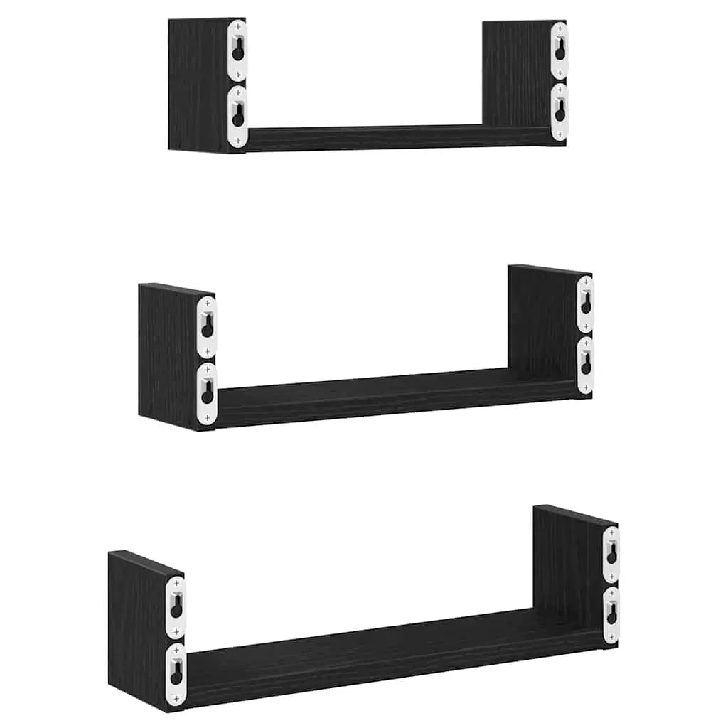 W2B VidaXL Single Wall Shelves 3-Piece Set Black Oak Engineered Wood for Home Storage Solution Bathroom Kitchen Floating Shelf