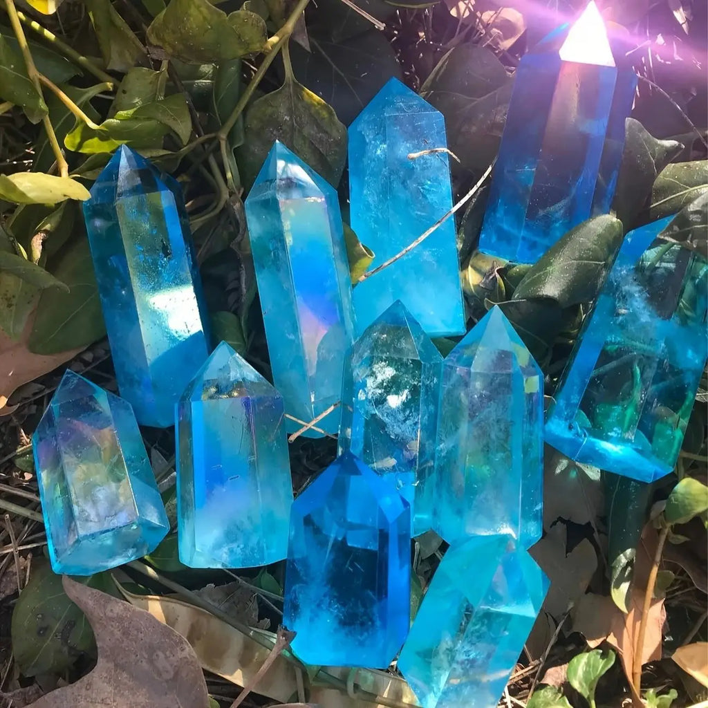 Wholesale Electroplate clear Quartz Blue Crystal  Points Aura clear Strip Healing Gem Crystal Crafts Quartz for Home Decorations
