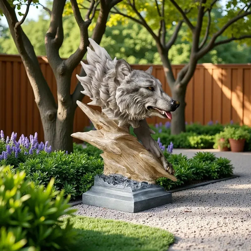Resin Wolf-Shaped Tree Stump Base Statue Hand-Painted Artistic Carving Gray-Brown Color Christmas Holiday Home Decor Living Room