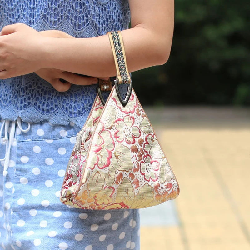 Vintage Palace Flowers Bag Triangle Top Handle Fashion Bags Chic Lady Bag Fringe Tote Women's Handbags Purses Zipper