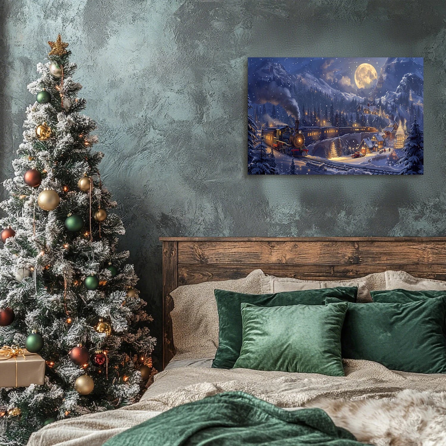 Christmas Gift Christmas Train Fantasy Canvas Wall Art - Snowy Mountain, Moon & Sleigh Scene, Perfect for Home Christmas Decor