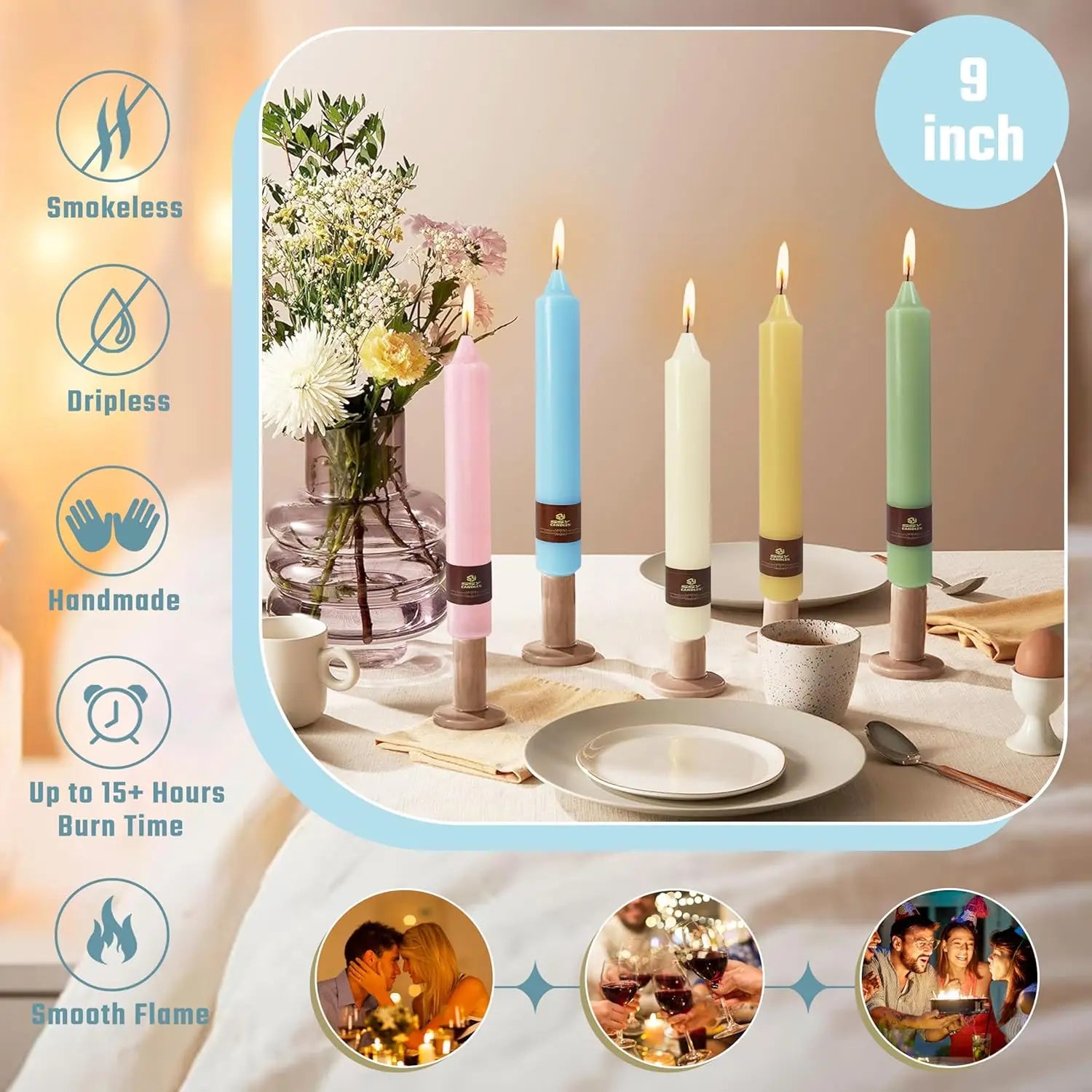 Ivory Taper Candles 9 Inch 4 Pack Fat Candle Taper Candles Smokeless Unscented Tall Candlesticks Home Decor Weddings