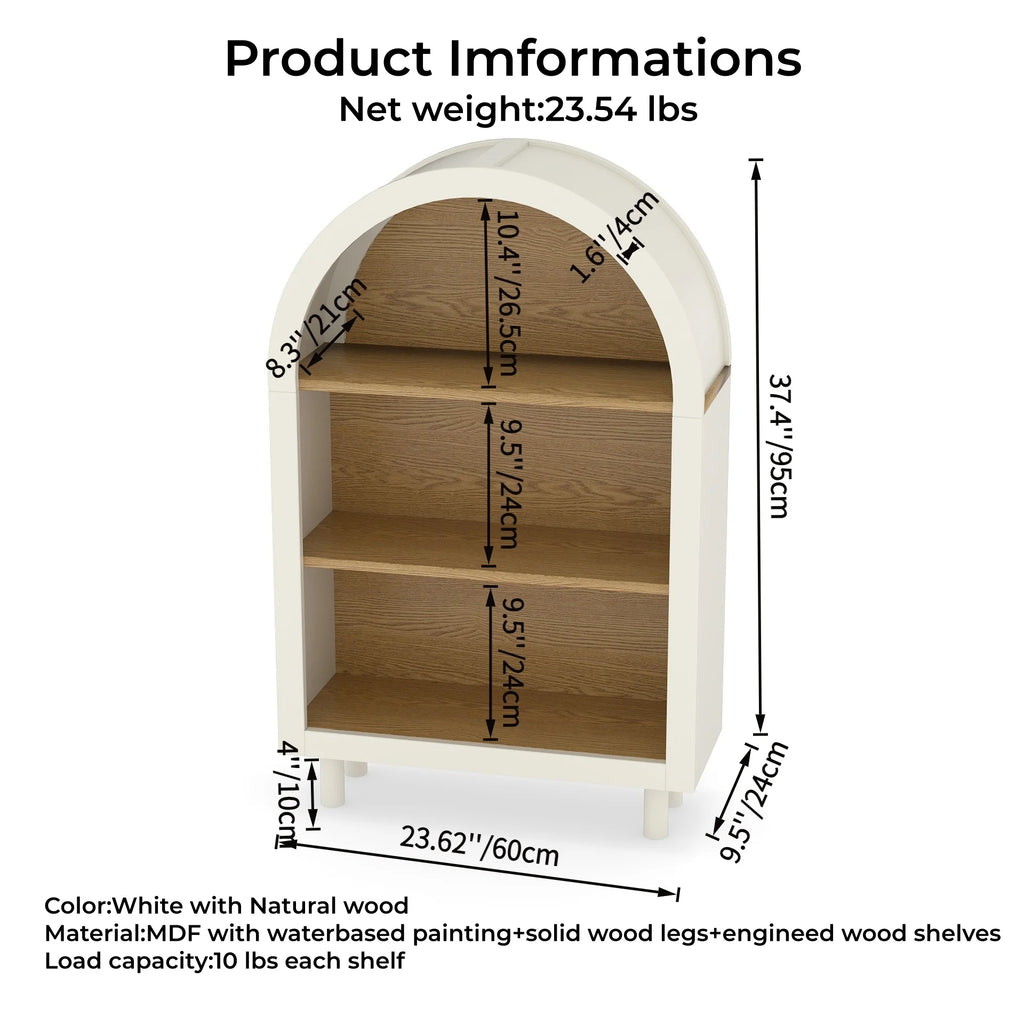 Arched Small Bookcase Storage Cabinet Modern Engineered Wood 3-Tier Bookshelf White Woodgrain Shelves Home Furniture