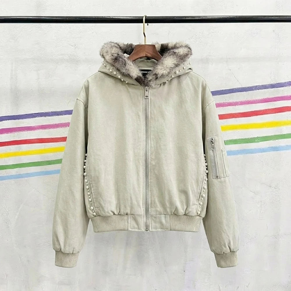 Top Quality Winter 100% Cotton Custom Zip up Hoodie Down Jacket Male Canada Fox Fur-Trim Bomber Jacket Custom Street Wear