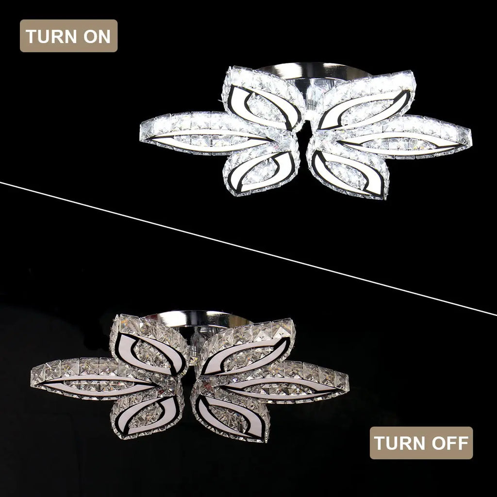 Modern K9 Crystal LED Ceiling Light Flower Design Remote Control Semi-Flush Mount for Home Office Bedroom for Middle-Sized Rooms