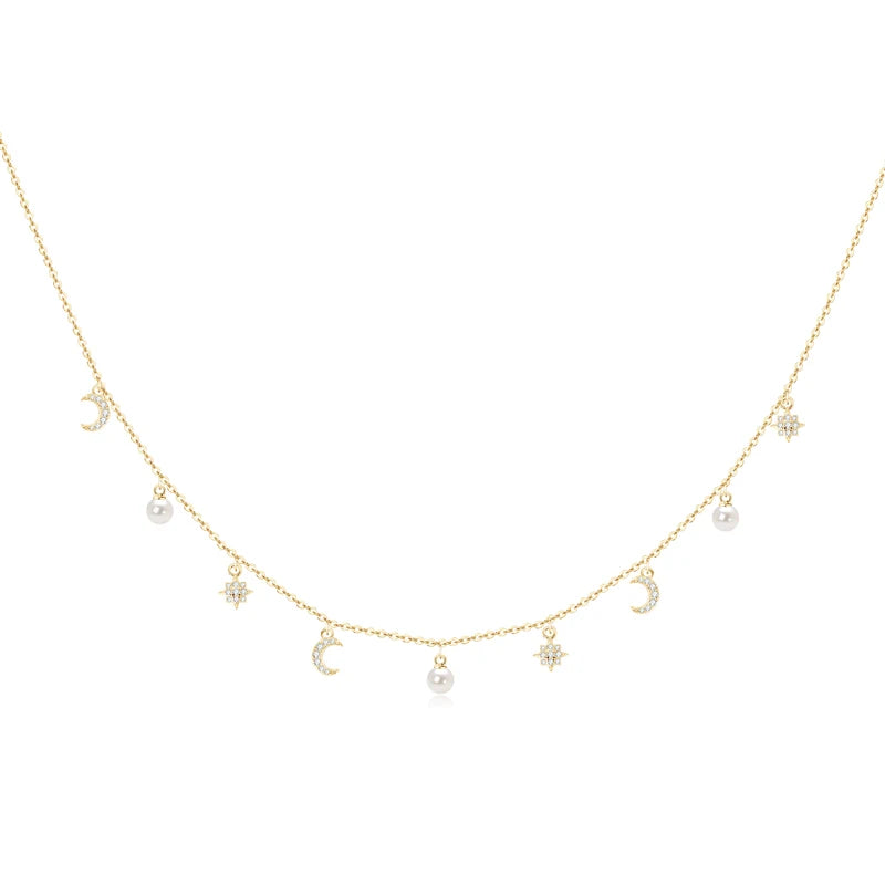 New Arrival 925 Sterling Silver Cubic Zircon 4mm Natural White Freshwater Pearl Necklace Moon Star Necklace for Women