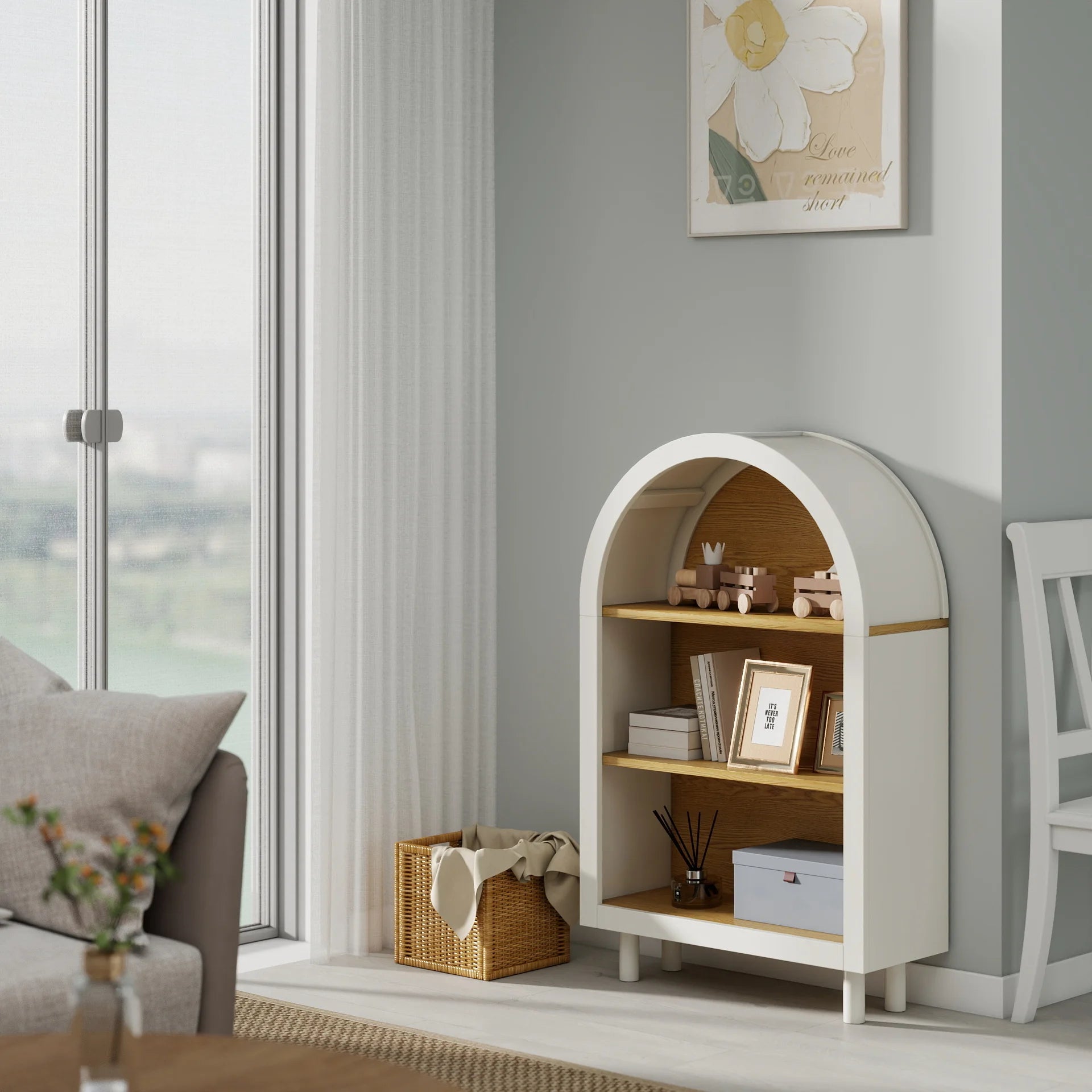 Arched Small Bookcase Storage Cabinet Modern Engineered Wood 3-Tier Bookshelf White Woodgrain Shelves Home Furniture