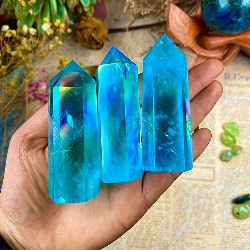 Wholesale Electroplate clear Quartz Blue Crystal  Points Aura clear Strip Healing Gem Crystal Crafts Quartz for Home Decorations