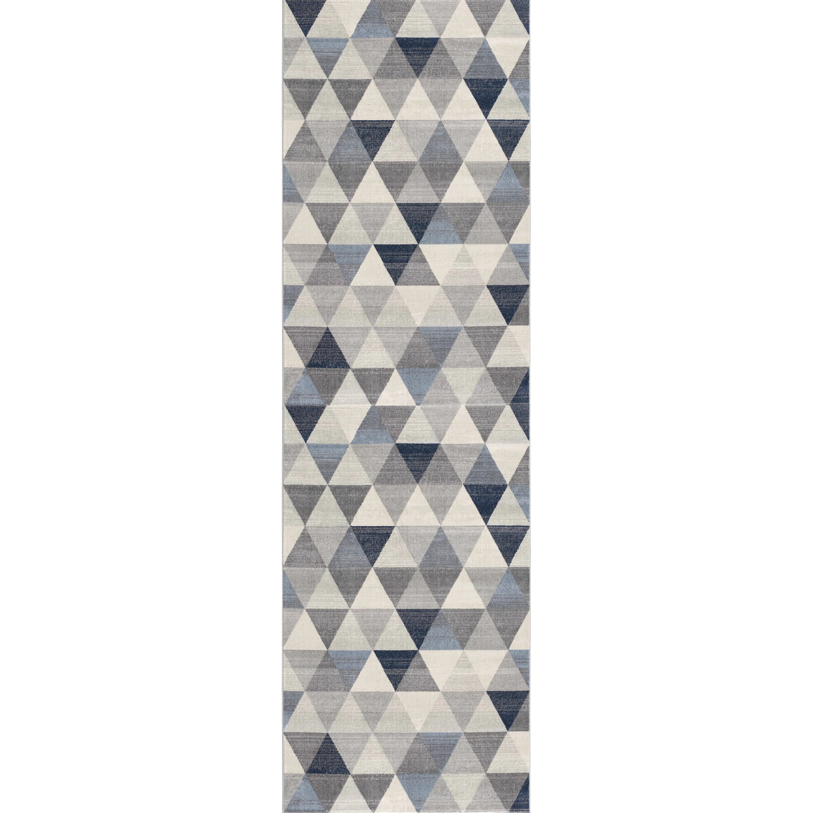 HMS Modern 16' Geometric Runner Rug Blue Beige Gray Wool Jute Carpet Handmade Tufted Woven Anti-Slip for Home Prayer Washable