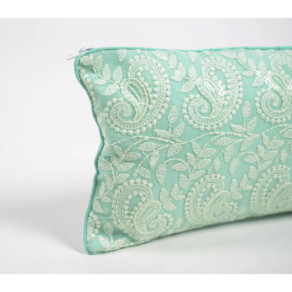 HMS 6\" X 14\" Blue Green Paisley Embroidered Cotton Throw Pillow Cover Elegant Towel for Home Decor