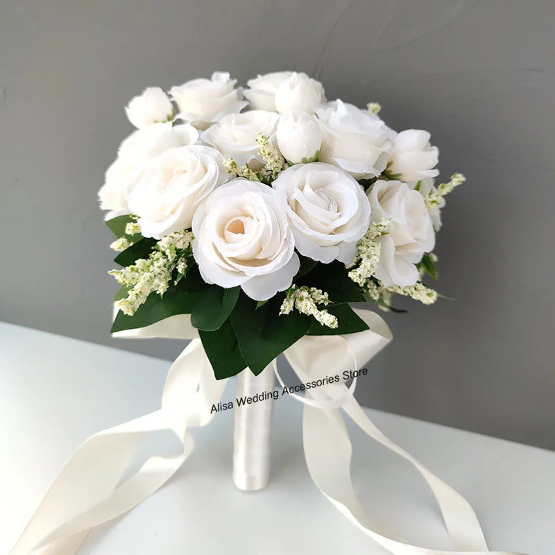 Bridal Bridesmaid Wedding Bouquet White Silk Flowers Roses Artificial Bride Boutonniere Pins Mariage Bouquet Wedding Accessories