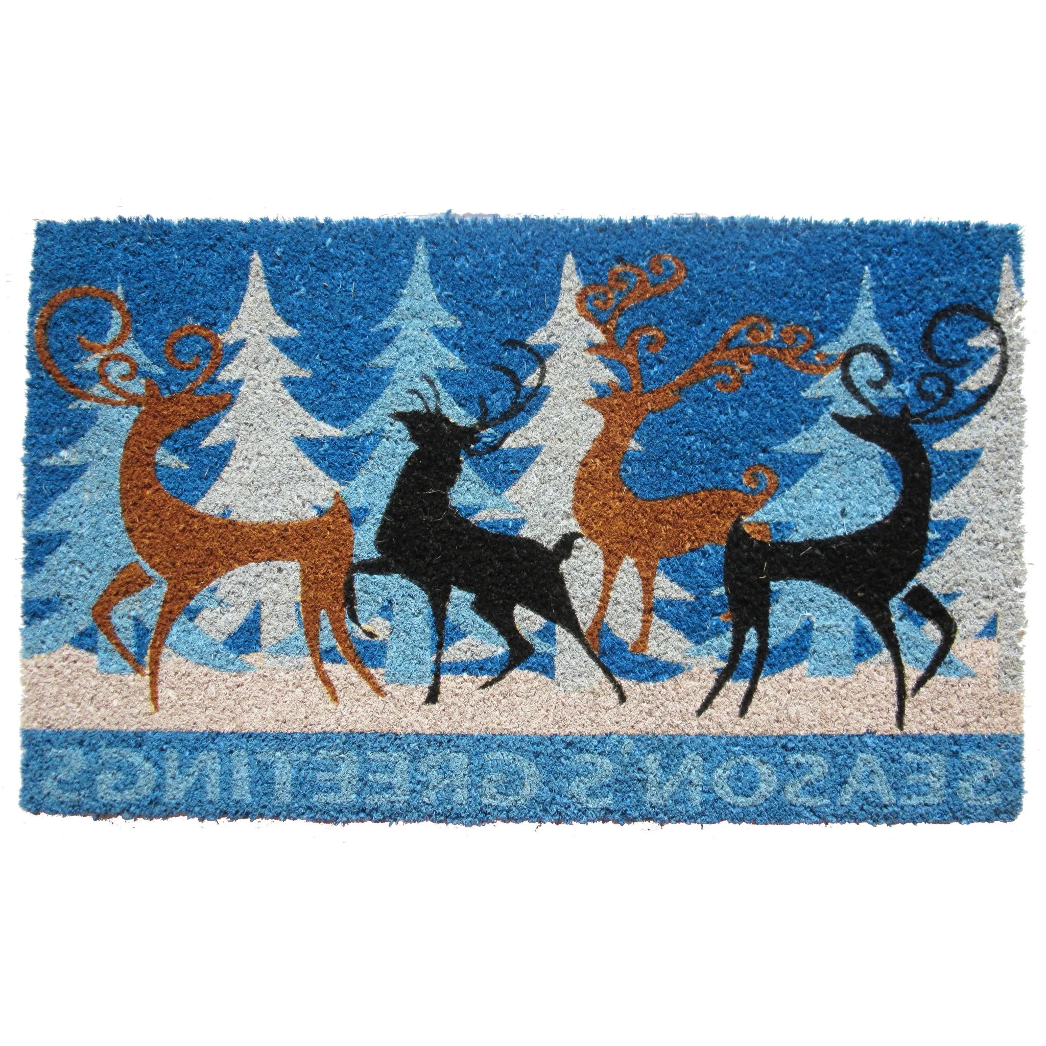 HMS 18\" X 30\" Blue Coir Deer Seasons Greetings Outdoor Holiday Door Mat Elegant Doormats for Home Use
