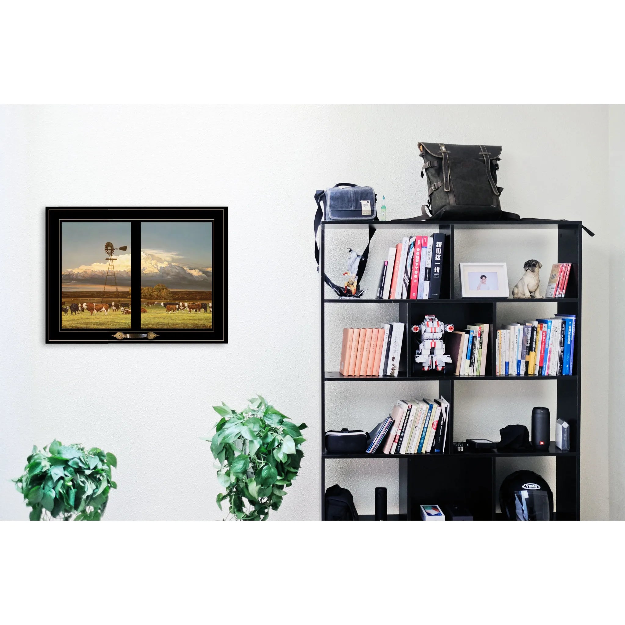 HMS Summer Pastures Framed Wall Art Black Framed Print of Holstein Cows with Windmill Home Decor